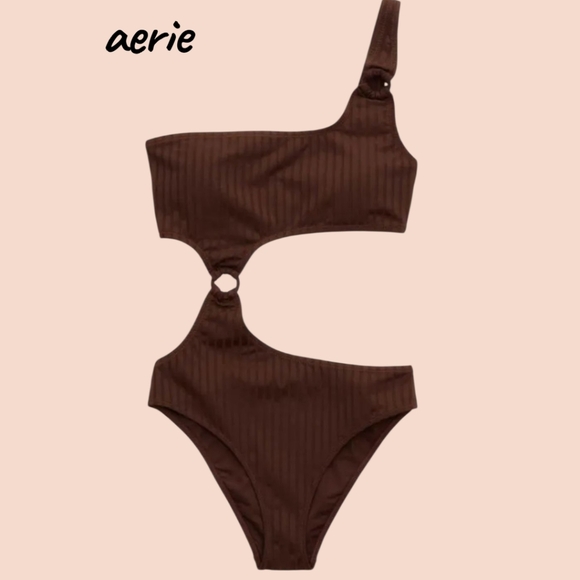 Aerie Wide Rib Cut Out One Shoulder Ring One Piece Brown Swimsuit. Size XL - Picture 4 of 6
